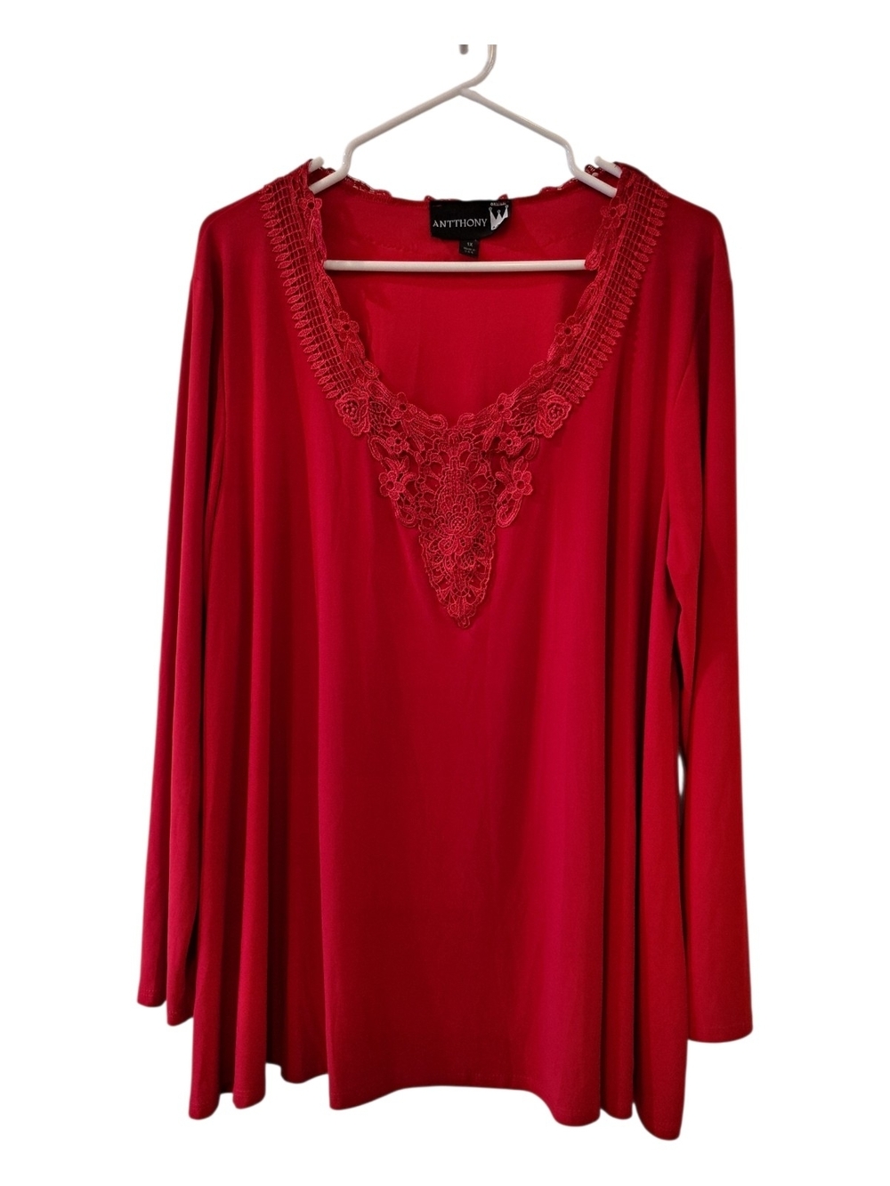 Antthony Red Lace-Trim Long Sleeve Women’s Top 1X